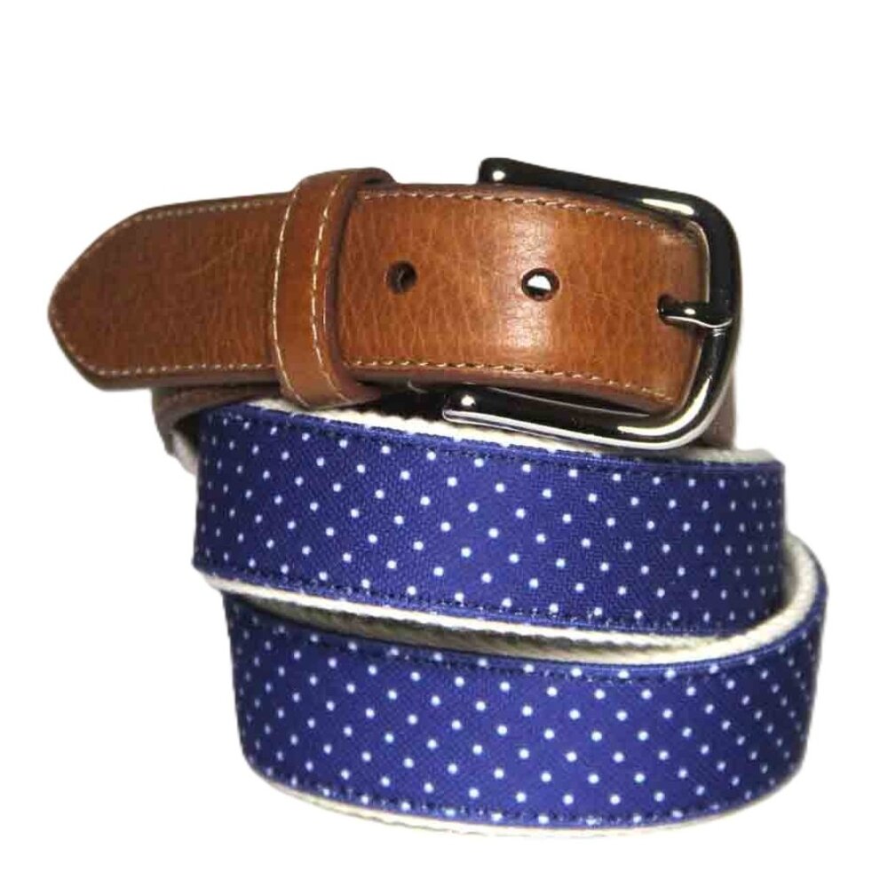 Donald Ross Leather and Canvas Belt Brown White Blue Polka Dot Men's Size 34